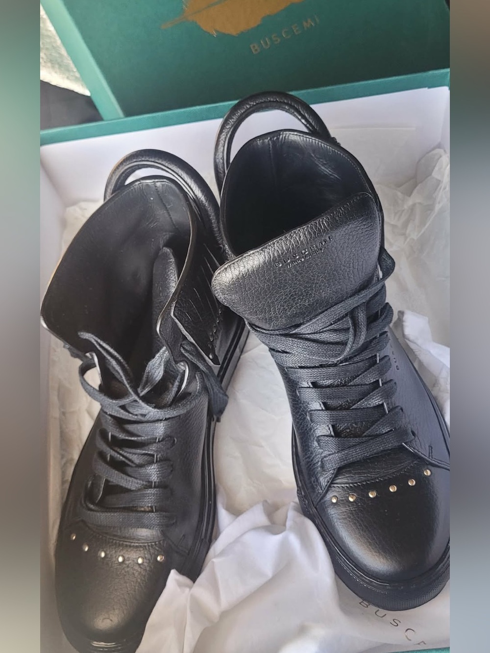Buscemi Black Leather High-Top Sneakers with Gold Stud Detail